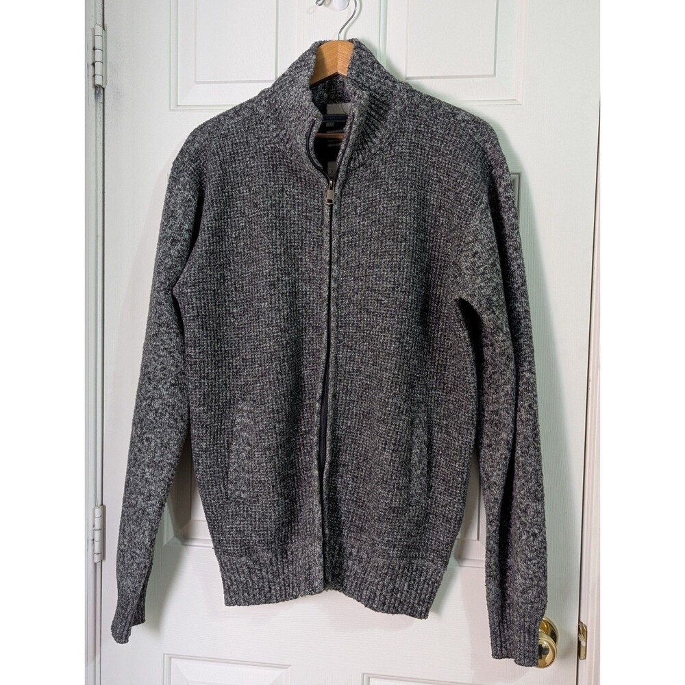 Flannel Lined Waffle Knit Sweater Jacket Mens Large Dark Gary Full Zip Pockets